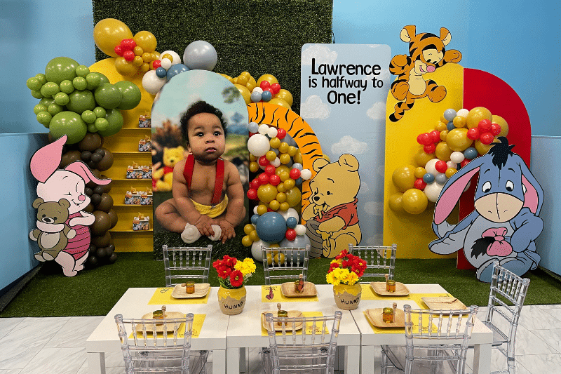 Transform your child's party into a magical adventure with Kidz Kastle's Winnie the Pooh Party Theme. Our custom decorations bring the Hundred Acre Wood to life, creating an unforgettable atmosphere that will delight guests of all ages. Experience the joy of celebrating with beloved characters at Kidz Kastle.
