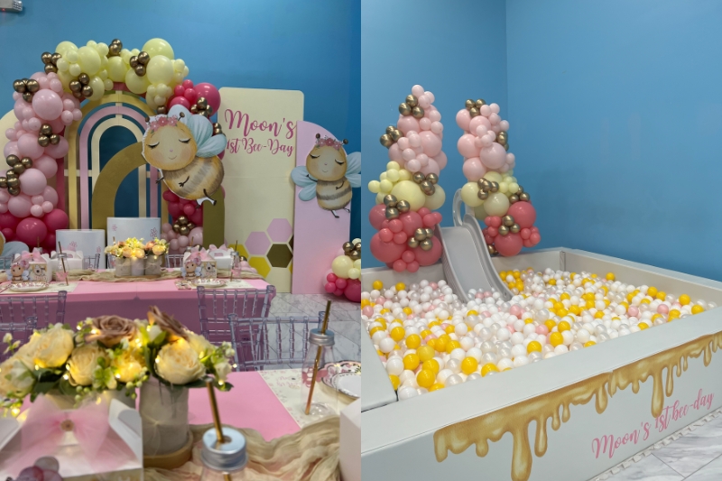 Two photos showing a beautiful party room setup and a ball pit theme with a slide and balloon garlands