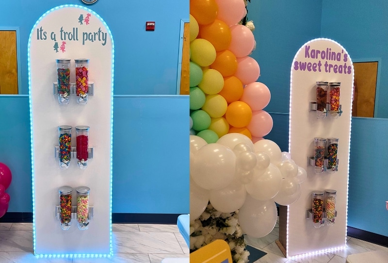 Transform your child's celebration into a candy wonderland with our Candy Treat Wall Party Add-on at our kids' party venue! Delightful, colorful, and irresistibly sweet, this interactive feature will enchant young guests and leave them with memories to cherish. Elevate the excitement of your little one's special day with this delightful addition, sure to make their party the talk of the town. Treat your guests to a sugary spectacle they won't soon forget, and make their dreams come true at our Kastle!