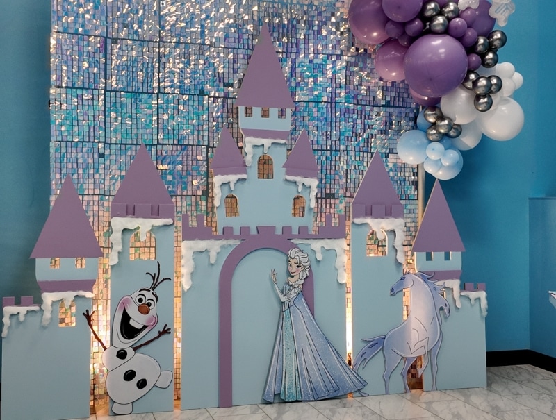 Close-up of Frozen-themed birthday party decor at Kidz Kastle Warwick Rhode Island.