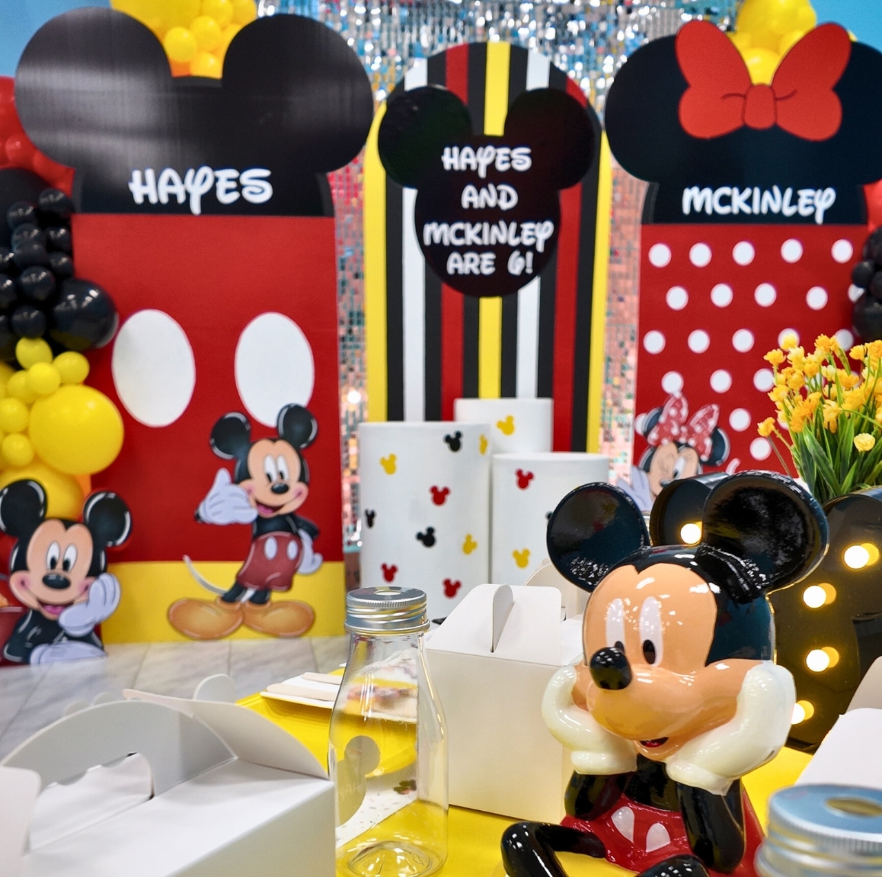 Mickey and Minnie Twin Birthday Party Setup | Kidz Kastle Warwick RI Mickey and Minnie themed birthday party setup for 6-year-old twins at Kidz Kastle in Warwick, RI